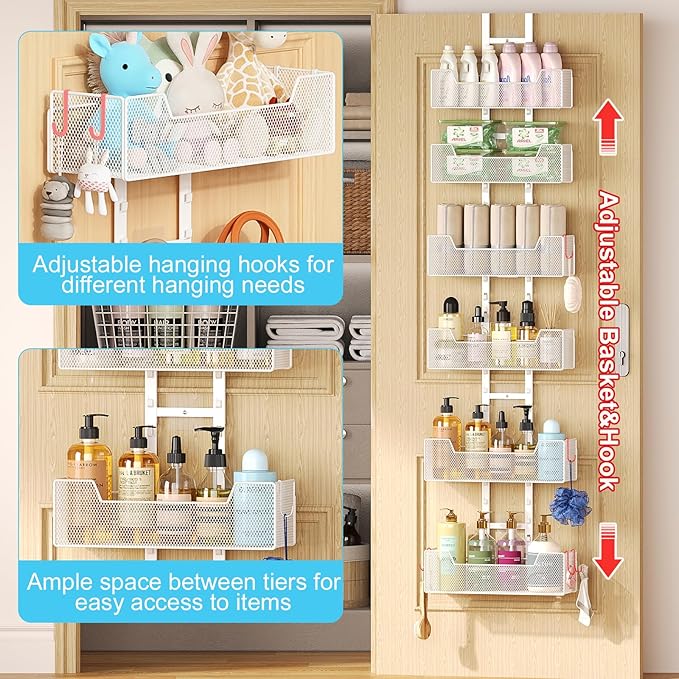 Over The Door Organizer, Metal Hanging Door Organizer with 6 Adjustable Baskets and 5 Hooks, Behind The Door Storage for Closet Pantry Cabinet Kitchen Bathroom Bedroom, White
