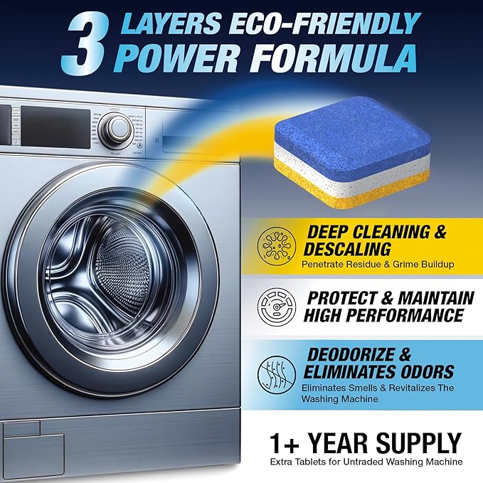 Washing Machine Cleaner Tablets 70 Pack for HE Front Load - Eco Friendly Washer Cleaning Tablets Formula - Pets Hair & Smell Solution - Septic Safe Descale Deodorize Protect - 1 Plus Year Supply