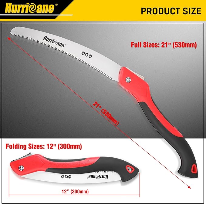 HURRICANE Folding Hand Saw, 10 Inch Pruning Saw, Hand Saw for Wood Cutting, Camping Tree Saw with SK5 Curved Blade, Triple-cut Razor Teeth, Outdoor Portable Saw for Tree Trimming, Gardening, Hiking