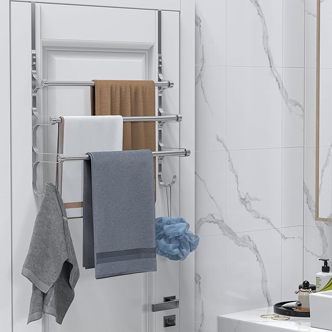 CANYAVE Over The Door Towel Rack, Over Door Towel Rack for Bathroom Door, Triple Towel Storage Holder with Hooks (Silver)