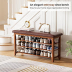 39.4“Entryway Shoe Storage Bench with Leather Cushion, Farmhouse Wooden Shoe Rack Bench with 3 Tire Under Bench Shoe Storage, Adjustable Shelf and Seating, for Hallway, Front door, Outdoor