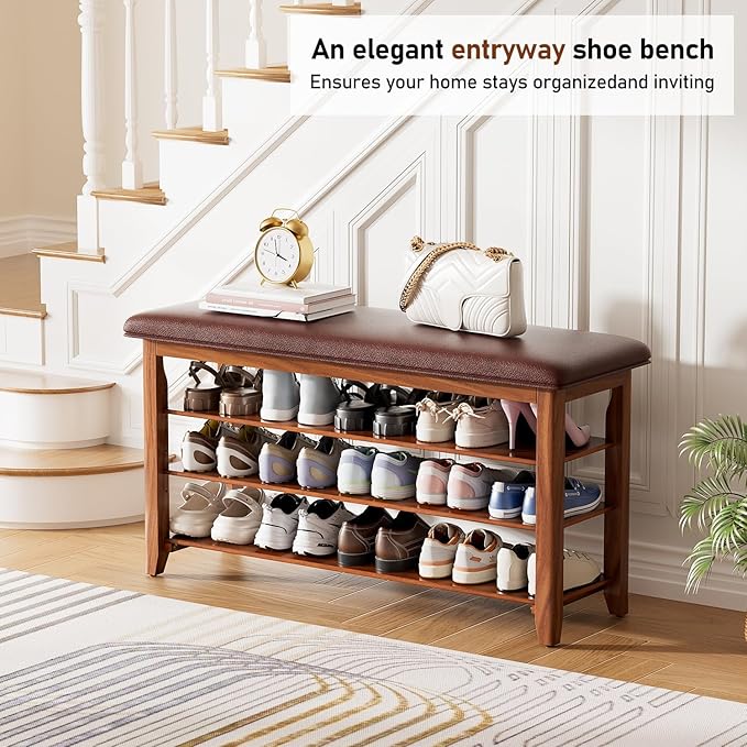 39.4“Entryway Shoe Storage Bench with Leather Cushion, Farmhouse Wooden Shoe Rack Bench with 3 Tire Under Bench Shoe Storage, Adjustable Shelf and Seating, for Hallway, Front door, Outdoor