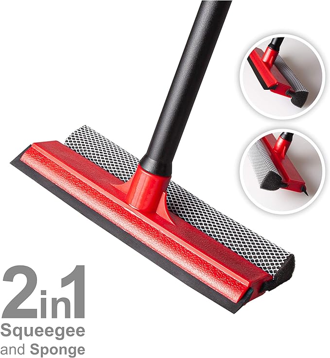 DSV Standard Window Squeegee for Car Windows, 2-in-1 Window Cleaner for Car Windshield, Gas Station, Shower, and Glass | Auto Squeegee with 17.5" Handle, 8" Soft Rubber Blade & Highly Absorbent Sponge
