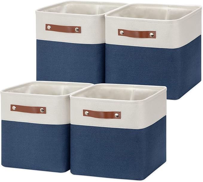 HNZIGE Fabric Cube Storage Bins Basket Set of 4, Closet Storage Cubes with Handles, Organizing Home Office (White Blue)