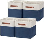 HNZIGE Fabric Cube Storage Bins Basket Set of 4, Closet Storage Cubes with Handles, Organizing Home Office (White Blue)
