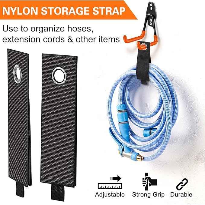 Heavy Duty Garage Hooks 4 Pack, 7.7 inch U Shaped Long Hanger, with 2 Extension Cord Holder Organizer, Wall Mounted Storage System, for Power and Garden Tool Hanging， Ladders, Bikes, Hose