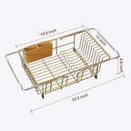 JASIWAY Gold in Sink Dish Drying Rack, Expandable Stainless Steel Small Dish Rack Over Kitchen Sink, Plate Drainer Strainer with Cutlery Holder & Cup Holders, Counter Space Saving Wire Dryer Rack