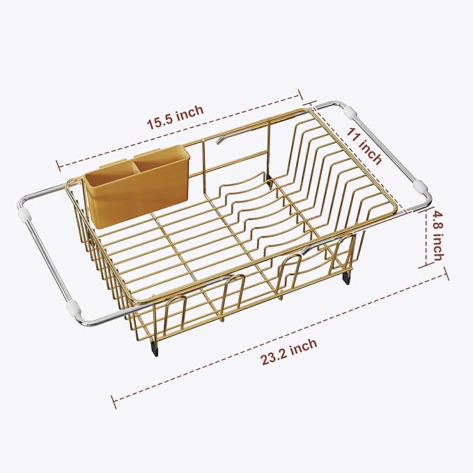 JASIWAY Gold in Sink Dish Drying Rack, Expandable Stainless Steel Small Dish Rack Over Kitchen Sink, Plate Drainer Strainer with Cutlery Holder & Cup Holders, Counter Space Saving Wire Dryer Rack