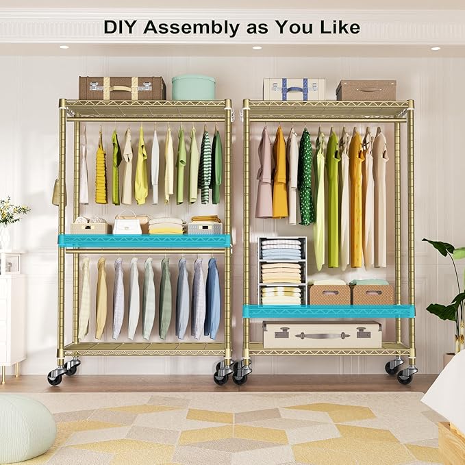 P3 Rolling Clothes Rack, Clothing Racks for Hanging Clothes, Heavy Duty Garment Rack with Wheels, Freestanding Portable Closet Organizer 39.4'' W x 14'' D x 78.5'' H, Max Load 464 LBS, Gold