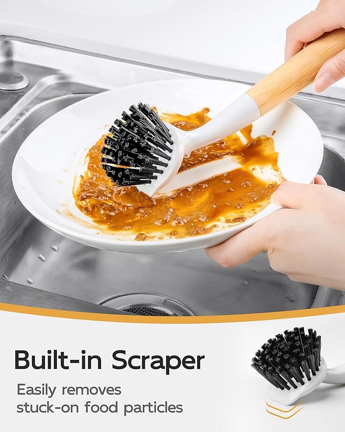 MR.SIGA Dish Brush with Handle, Dish Scrub Brush with Built-in Scraper, Bamboo Dish Brush for Pots and Pans, Kitchen Sink, 2 Pack