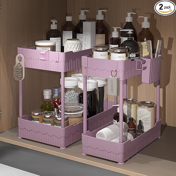 2 Pack Under Sink Organizer, Under Bathroom Cabinet Organizer with Hooks Hanging Cup, Multi-Purpose Storage Shelf for Kitchen Bathroom (Pink, L)