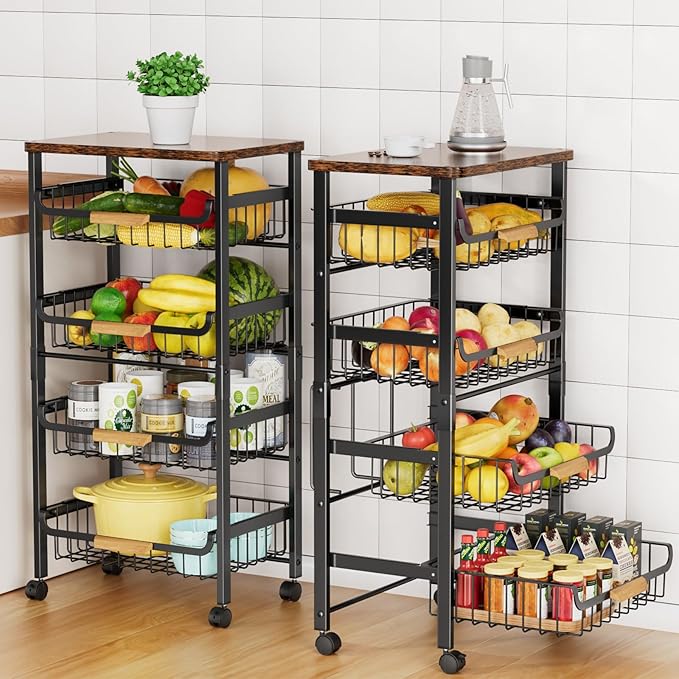 5-Tier Rolling Utility Cart, Kitchen Storage Cart with Wheels, Large Capacity Utility Cart with Wooden Tabletop & Mesh Baskets for Kitchen, Bathroom, Laundry Room