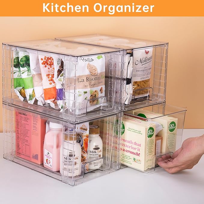 1 Pack Large Stackable Storage Drawers,Clear Acrylic Drawer Organizers with Handles, Easily Assemble for Kitchen Undersink,Bathroom,Cabinet,Makeup,Closet,Pantry,Organization and Storage