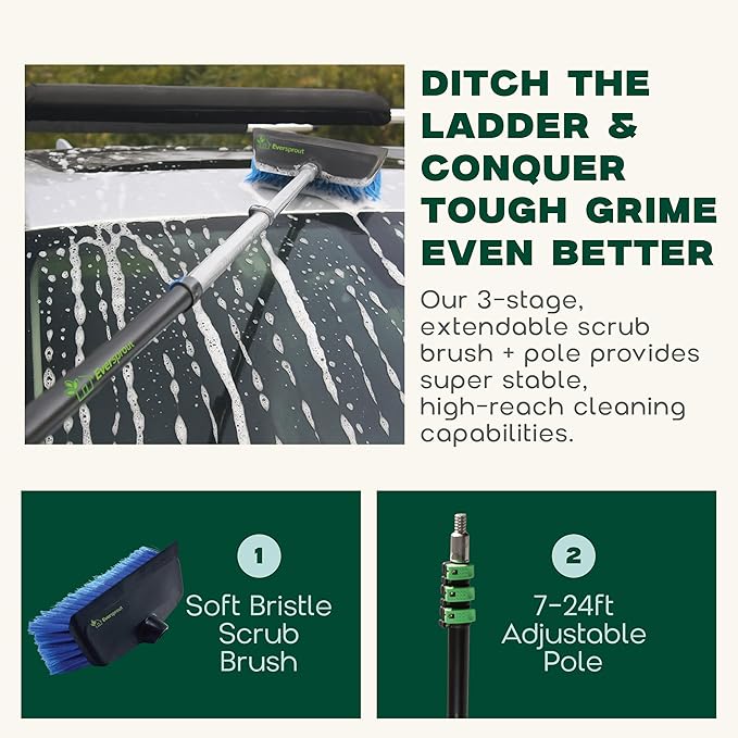 EVERSPROUT 7-to-24 Foot Scrub Brush (30 Foot Reach) | Built-in Rubber Bumper | Heavy-Duty Extension Pole Handle | Soft Bristles wash Car, RV, Boat, Solar Panel, Deck, Floor | Bumper Prevents Scratch