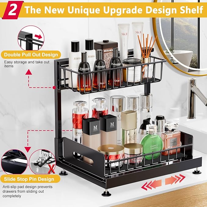 IHAITUN Under Sink Organizer and Storage, 2 Tier Pull Out Cabinet Organizer Slide Out Sink Shelf Cabinet Height Adjustable Storage Drawers Shelf for Kitchen Bathroom Cabinet Organization（Black）