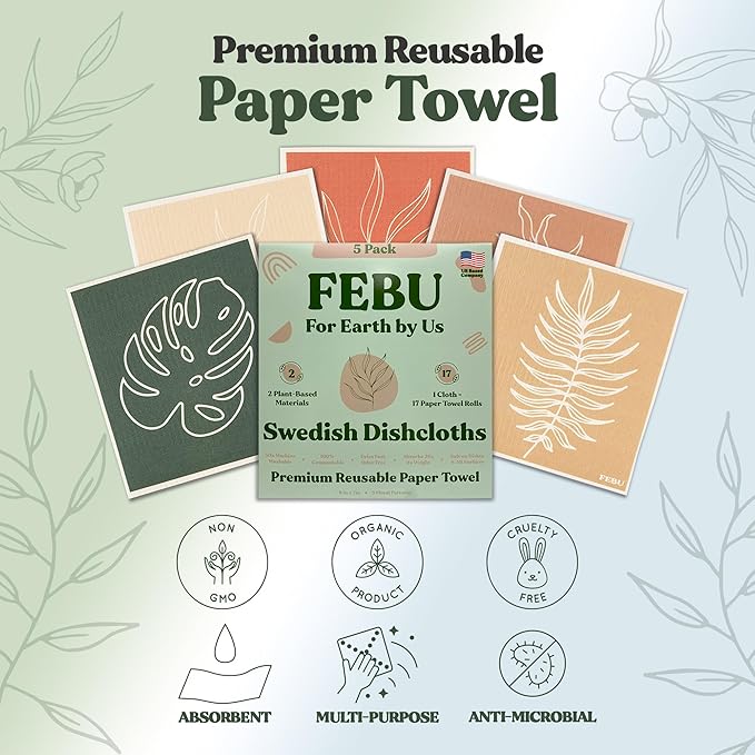 FEBU Swedish Dishcloths for Kitchen | 5 Pack Floral Reusable Paper Towels Washable | Swedish Dish Towels | Non-Scratch Cellulose Sponge Cloths | No Odor, Biodegradable Cleaning Cloths