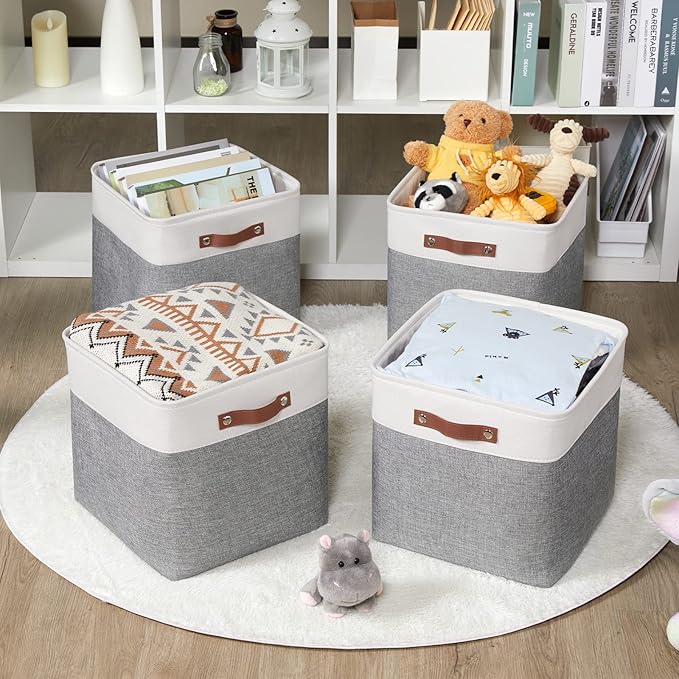 HNZIGE Foldable Storage Cubes Baskets Set(4 Pack) Fabric Bins for Shelves,13 Inch Storage Basket for Organizing with Leather Handles for Home, Toys, Clothes, Kids Room, Closet Storage(White&Gray)