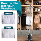 Steam & Go - The Rival Handheld Steamer - Upright Fabric Steamer for Clothes, Garments, Curtains, Bedding & Upholstery - Quick-Heating Foldable Steam Iron with Adjustable Pole Hanger & Detachable Tank