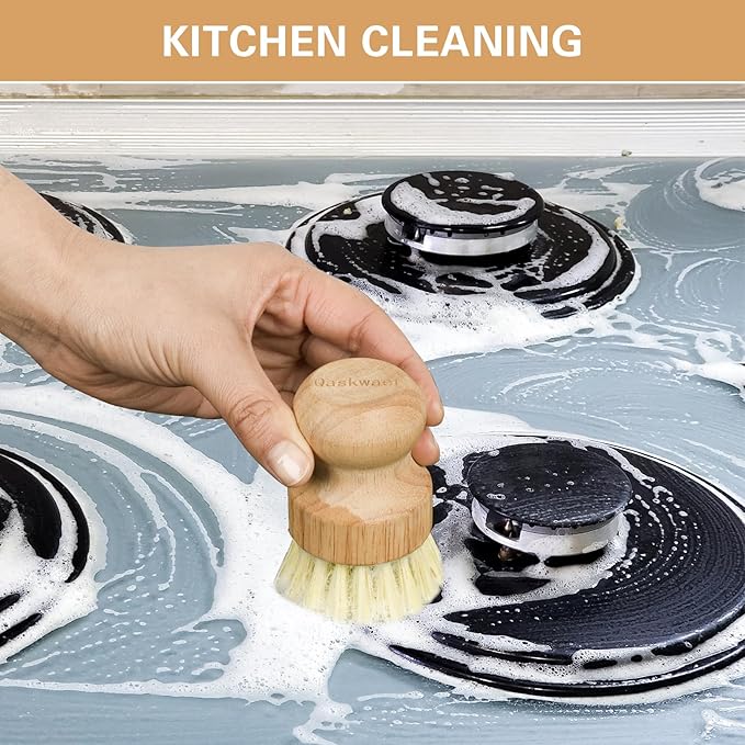 Wooden Dish Brushes, Dish Scrubber Brushs for Cleaning Dishes, Kitchen Wooden Cleaning Dsihes Set with Draining Rack, Natural Sisal Bristles, 3 Set