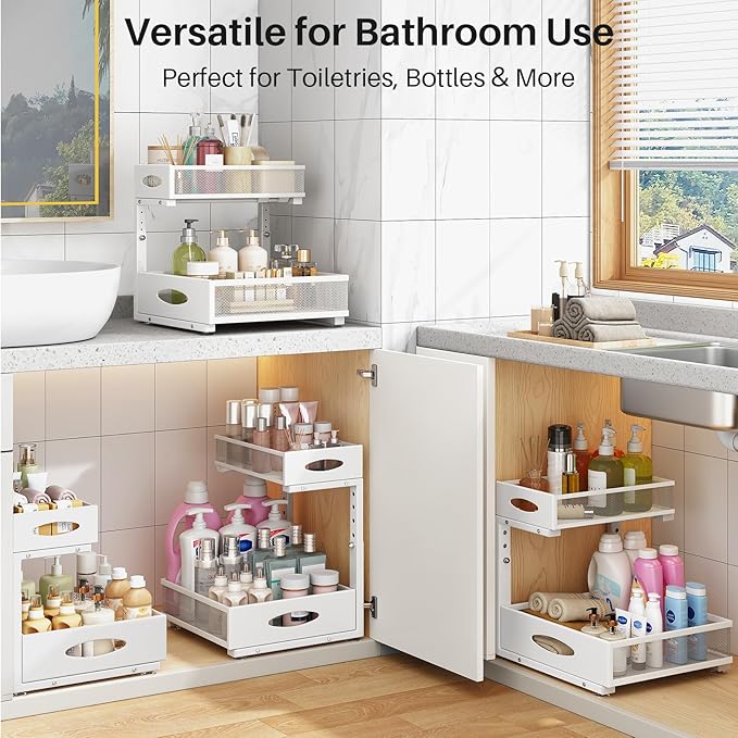 Under Sink Organizer, 2 Pack 2 Tier Pull Out Under Cabinet Organizer Shelf with Pad for Framed Cabinets, Metal Slide Out Under Sink Storage, Mesh Sliding Drawers for Kitchen Bathroom Laundry, White