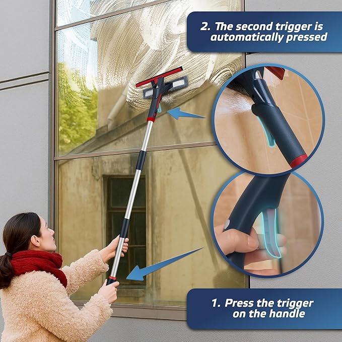 DSV Standard Window Squeegee with 2 Spray Triggers, Window Cleaning Kit with Extendable Pole 23’’- 76.7’’, Rubber Scraper and 3X Microfiber Clothes for 2 Story Houses, Shower, Glass, Mirror