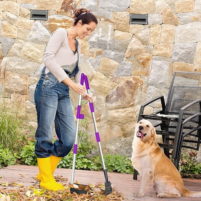 QiMH Upgraded Dog Pooper Scooper Extra Large, Adjustable Long Handle Stainless Metal Pet Poop Tray and Rake Set for Large Medium Small Dogs, Dog Waste Removal Bin Rake, Great for Grass, Street, Gravel