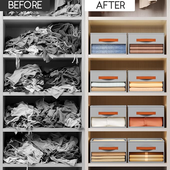 Homsorout Drawer Organizers and Storage - 10 Pack Foldable Pants Organizer with Clear Window & Handles, Fabric Closet Organizer for Clothes, Jeans, Sweaters, Towels, T-shirt, Scarf (Grey)