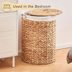 Round Water Hyacinth Laundry Hamper with Lid Handwoven Wicker Basket with Handles for Dirty Clothes, Storage, and Organization Ideal for Bedroom, Bathroom, and Laundry Room, No Assembly Required, 2Pcs