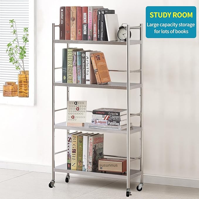 susunnus Stainless Steel Shelf,Shelves for Storage,Metal Shelf,Kitchen Garage Shelves, with Wheels,Rolling Shelves,Adjustable Height,Weight Capacity 350LB (27.6in*10.2in-4T with guardrails)