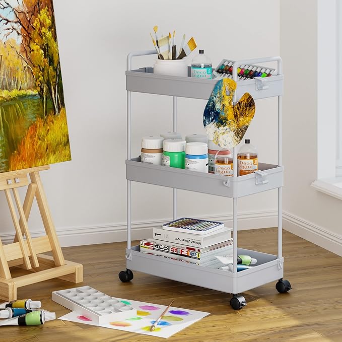 Ronlap 3 Tier Slim Rolling Storage Cart with Wheels Plastic Utility Cart Organizer for Snack Craft Art Postpartum Baby Diaper Nail Makeup in Bathroom Laundry Room Kitchen Bedside Narrow Space, Grey