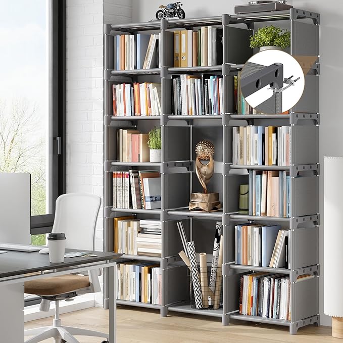 REIBII Book Shelf, 16 Cube Storage Organizers, DIY Tall Book Case for Bedroom, Office, Living Room, Closet, 12" D x 47.24" W x 70.86" H, Grey