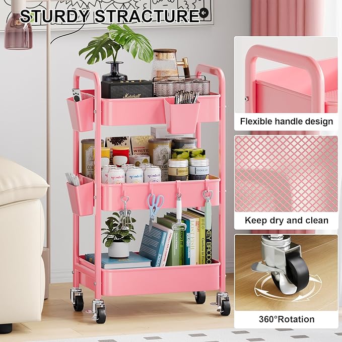 3 Tier Pink Rolling Cart with Lockable Wheels, Metal Utility Carts Organizer on Wheels for Kitchen, Nursery, Snack, Bedside Cart for Baby Essentials, Easy Assemble Mobile Storage Roller Trolley
