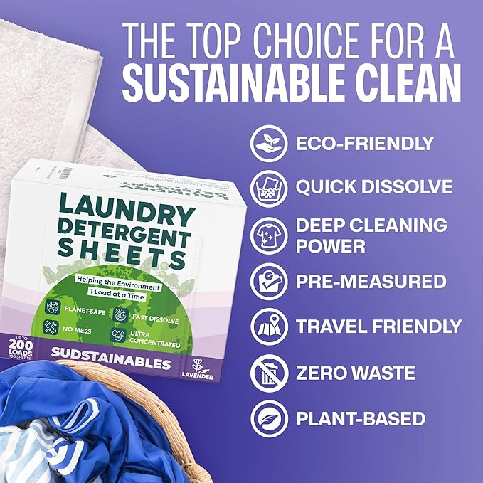 Sudstainables Laundry Detergent Sheets (200 Loads) – Eco-Friendly, Plastic-Free, Zero Waste, Laundry Washing Machines Soap Sheets; Dissolvable, Space-Saving Strips for Travel (Lavender)