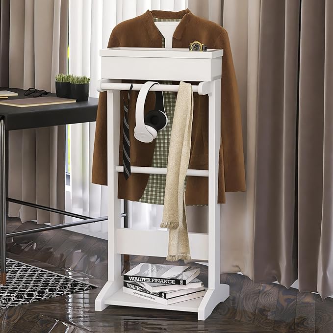 Wooden Valet Stand for Men, Clothing Rack with Top Tray Organizer, Shoe Shelf for Entryway, Bedroom, Office