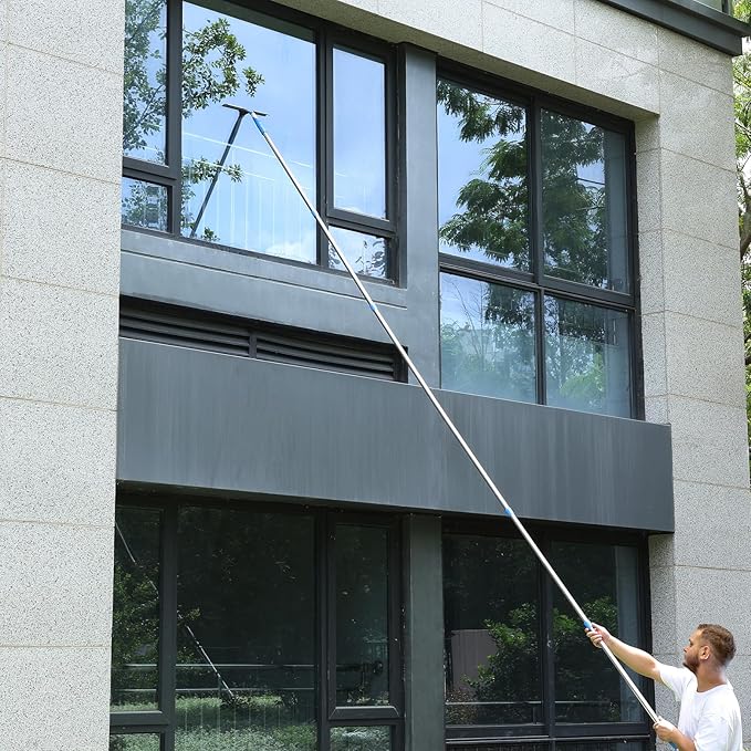 20 Feet High Reach Window Cleaning Kit with Extension Poles, Window Cleaner Tool with 14’’ Silicone Squeegee, Microfiber Scrubber & Cloth, Window Washing Equipment for Outdoor High Windows
