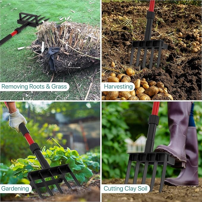 Pitch Fork for Garden, 5-Tine Heavy Duty Pitchfork for Loosening Soil, 41 Inch Gardening Fork for Digging, Composting, Spading, Cultivating Soil, Metal Fork Head with Fiberglass Handle, D-Grip