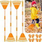 4 Pcs 35'' Kids Rakes for Leaves - Plastic Rake Head with 4 Pairs Kids Gloves, Small Kids Lawn Rakes Detachable Wooden Handle, Autumn Garden Tool Set for Kids Boys and Girls, Orange, 3yr+