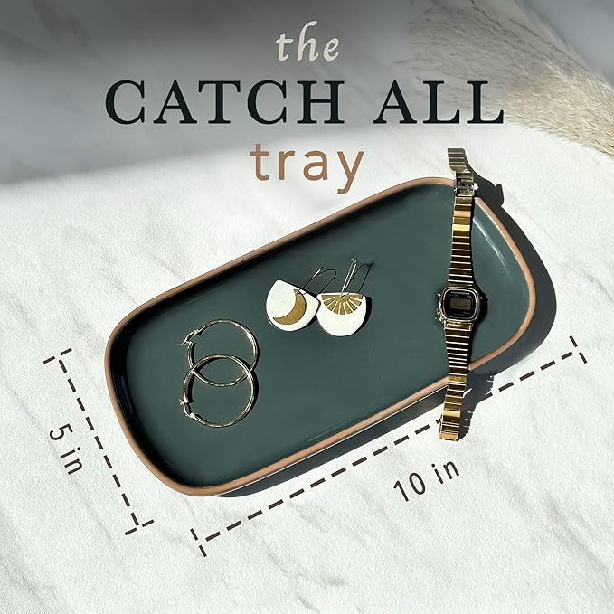 Mora Ceramic Decorative Tray - Rectangle 10in Dish for Jewelry, Soap Dispenser, Perfume, Makeup, Accessories, Candle, in The Bathroom Vanity, Bedside, or Kitchen Counter. Cute Organizers - Black