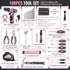 WORKPRO Pink Tool Set with Power Drill, 108PCS Portable Ladies Pink Drill Kit for Home with Toolbox and Pink Hammer, 1.5 Ah Cordless Drills with Keyless Chuck and Variable Speed Trigger - Pink Ribbon