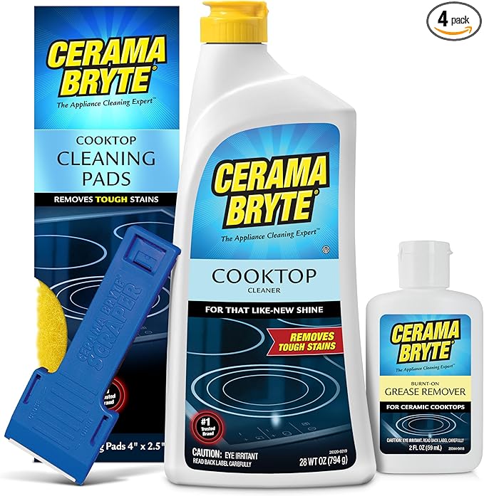 Cerama Bryte Best Value Kit: Ceramic Cooktop Cleaner 28oz, Scraper, 10 Pads, Burnt-on Grease Remover 2oz, 4 Piece Set