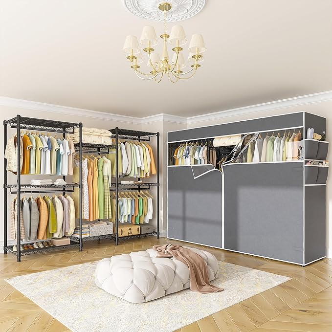 Raybee Clothes Rack with Cover,Clothing Racks for Hanging Clothes Heavy Duty,Portable Closet with Shelves,Adjustable,Loads 905 LBS,Black,75" W*17.8" D*77" H