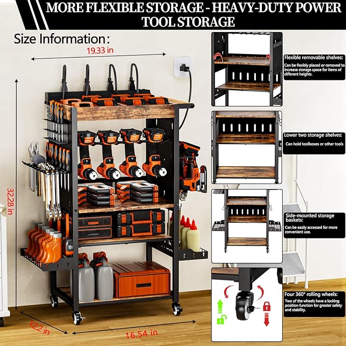 Heavy-Duty Power Tool Organizer with Charging Station,Premium Thickened Wood Panels,Tool Organizer 5 Layers + 5 Side Hooks Lntegrated Design Tool Organizers and Storage