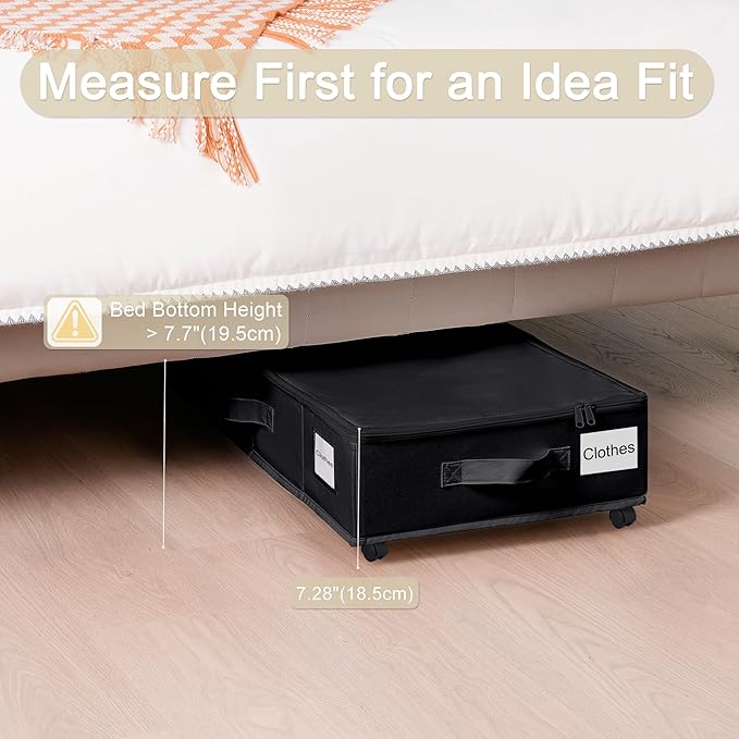 Under Bed Storage with Wheels, 2 Pack Under Bed Storage Containers with Label Holders for Clothes, Shoes and Blankets, Rolling Underbed Shoe Organizer with Cover, Black (30.71x15.7x7.28 in)