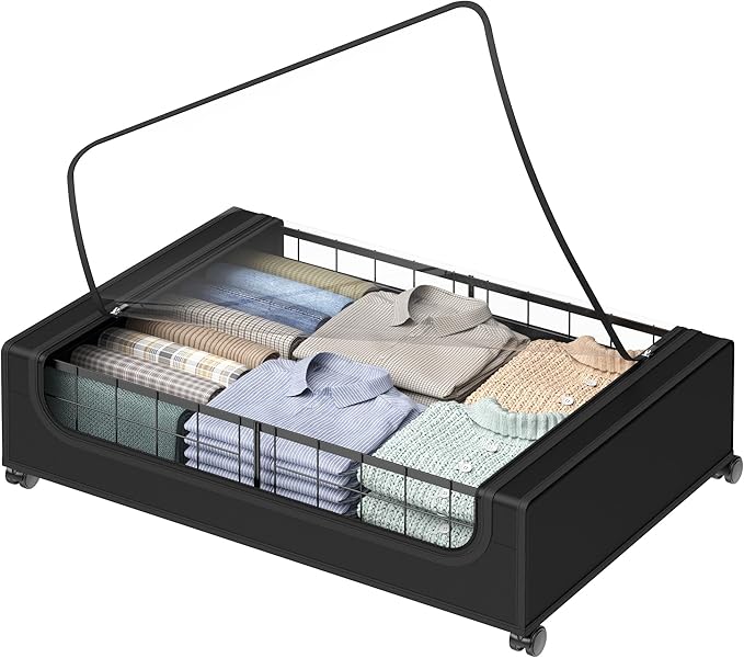 Under Bed Storage with Wheels and Cover, 360° Rolling Under Bed Metal Drawers for Clothes, Blankets, Books and Shoes,Black
