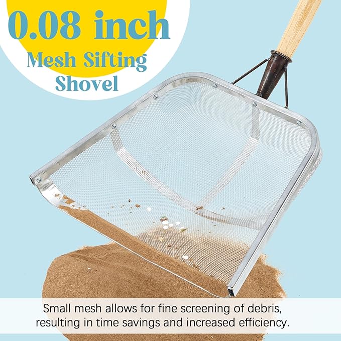 Leaking Soil Shovel Filter 0.08 Inch/ 2 mm Mesh 43.3''L Chicken Poop Scooper Stainless Steel Sieve Sifting Shovel with D Grip Wood Handle for Gardening Farm Chicken Coop Goat Stall