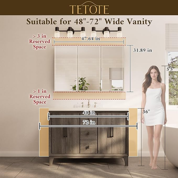 TETOTE 48 x 32 Medicine Cabinet with Tempered Beveled Mirror White Medicine Cabinet with Mirror Aluminum Cabinet DTC Hinges, Stepless Adjustable Shelves, Recessed/Surface-Mounted