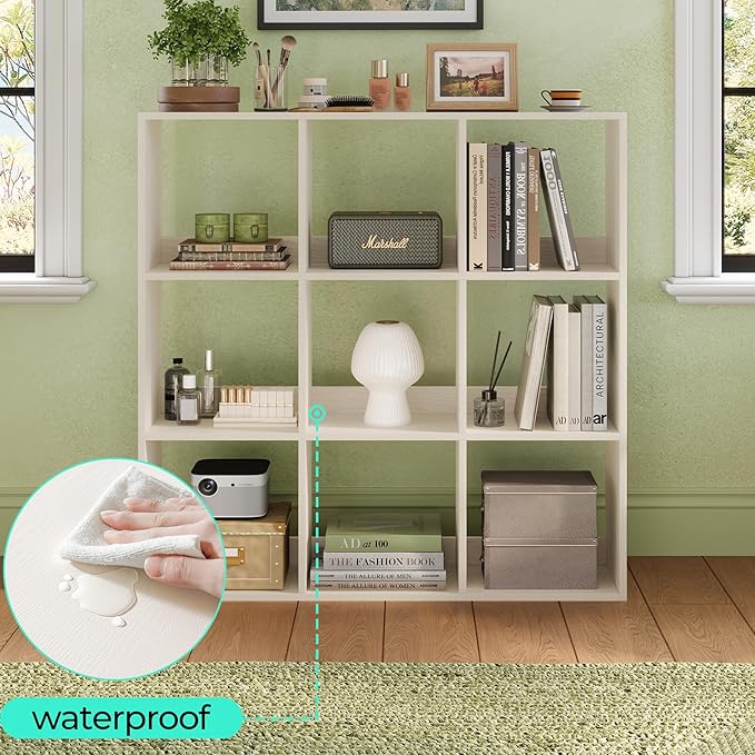 LINSY HOME Cube Storage Shelf, 3 Shelf Display Bookshelf with Storage, Open Freestanding 9 Cube Bookcase Small, White Wooden Bookshelf for Home Office, Bedroom, White Oak