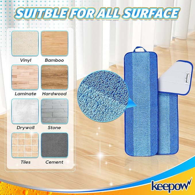KEEPOW 2 Pack Microfiber Cleaning Pad, Mop Replacement Pads for Hardwood Floor Cleaner/Hard Surface Floor Cleaners, Washable Dusting Refill for Premium Spray Mop