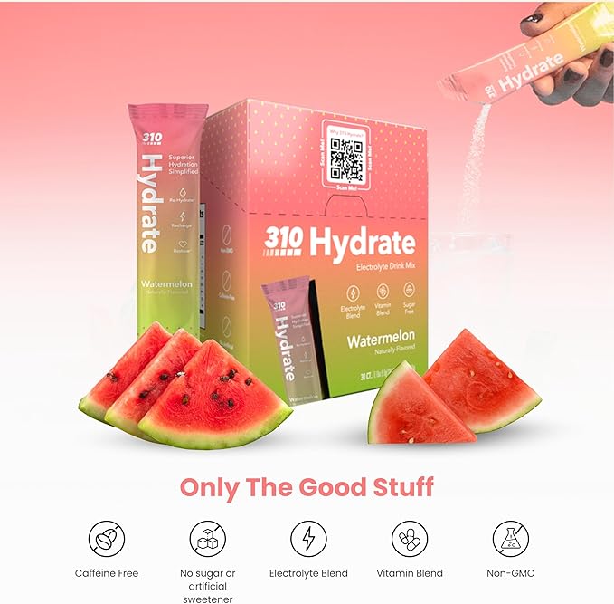 310 Nutrition Sugar Free Electrolytes Powder - Instant Hydration Packets for Daily Fluid Balance - Caffeine-Free Rehydration Drink Mix w/ Vitamins, Low Calorie & Keto Friendly - Watermelon 30 Singles