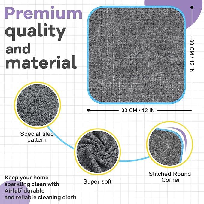 Airlab Microfiber Cleaning Cloth for Household Dust Rags for Cleaning All-Purpose Towels Streak Free Kitchen Dishes Reusable Pack of 6, 12" x 12"
